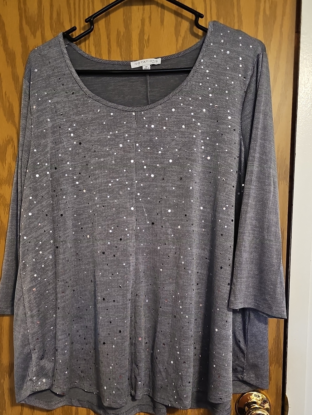 Notations Gray Sequin Scoop Neck Long Sleeve Top